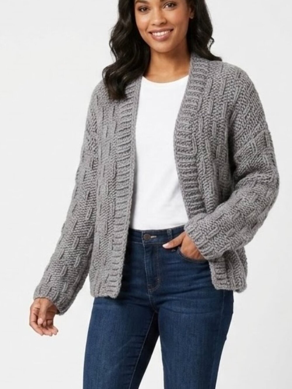 Handmade Women's Cardigan Sweater L Gray Open Front Bell Long Sleeve Chunky Knit